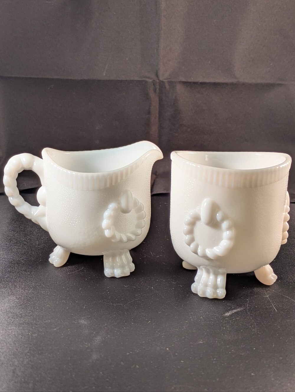 Vintage Imperial Glass Cream and Sugar White Milk Glass Footed Marked Rope Set